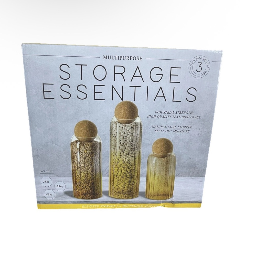 Multipurpose Storage Essentials 3 Cork Ball Lid Glass Jars  45 oz. 35 oz. 25oz.